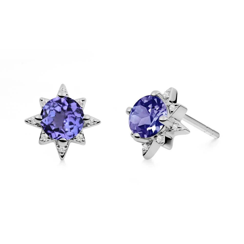 Round Tanzanite Sunburst Stud Earrings - Image 2