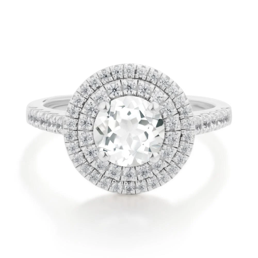Round White Topaz Double Halo Engagement Ring - Image 8