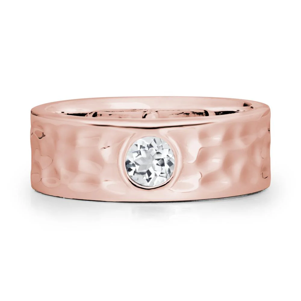 Round White Topaz Ring In Hammered Wide Band - Image 4