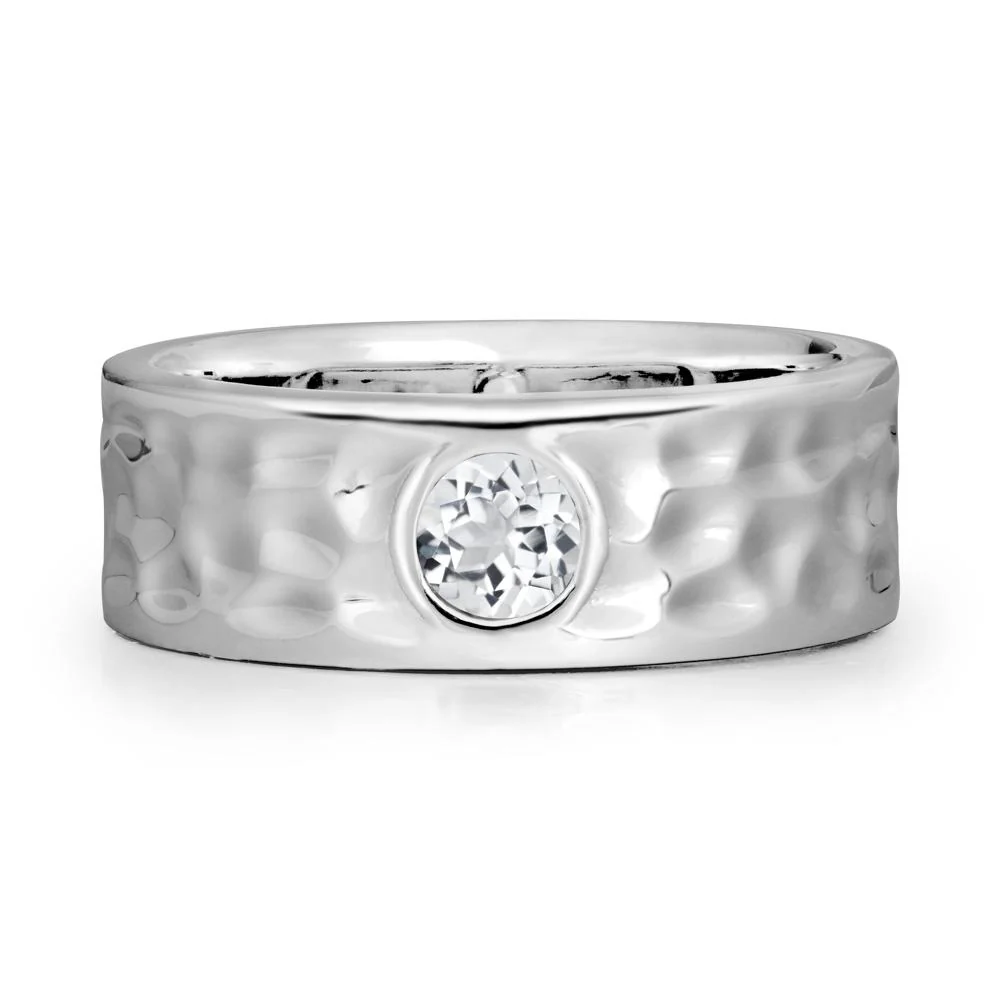 Round White Topaz Ring In Hammered Wide Band - Image 5