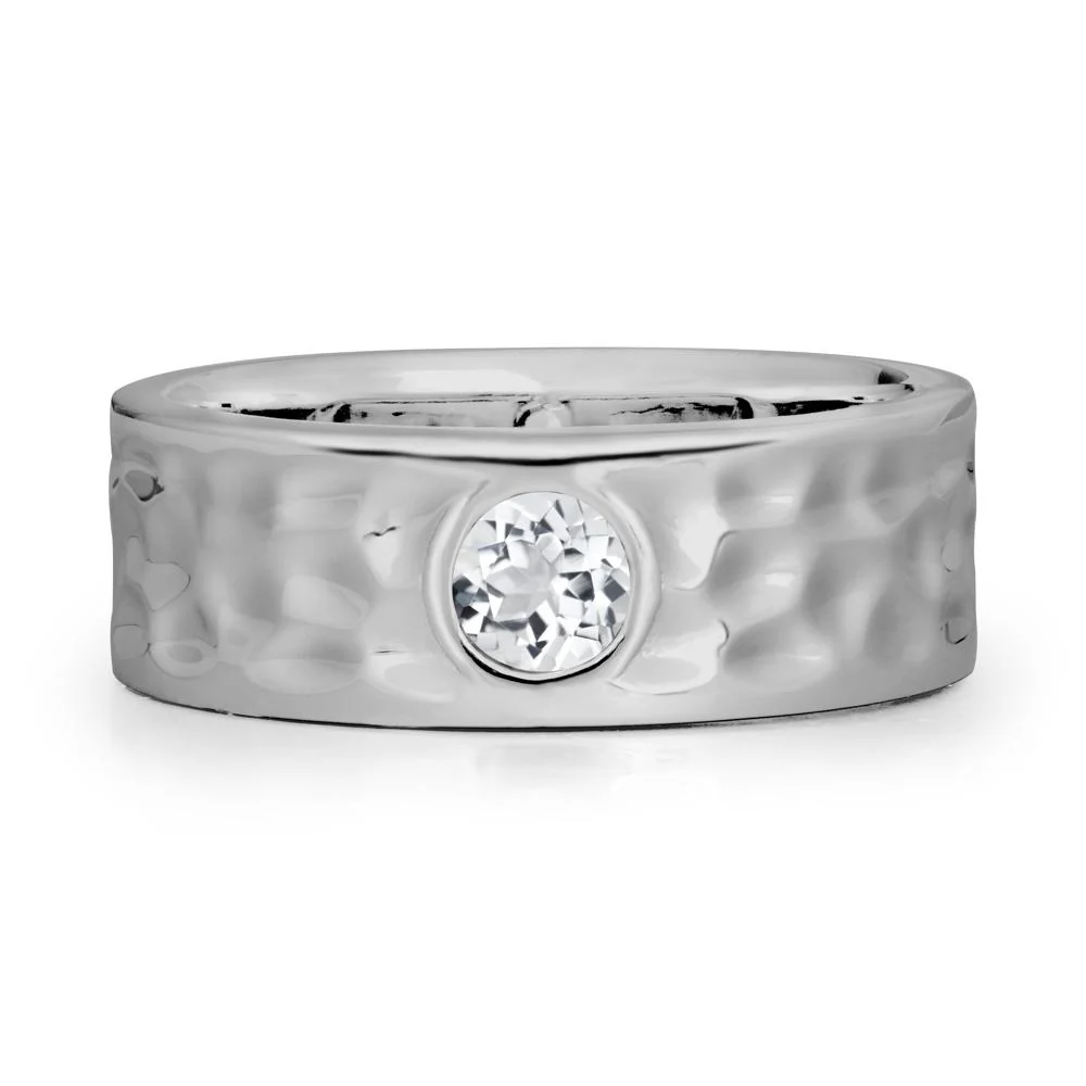 Round White Topaz Ring In Hammered Wide Band - Image 8