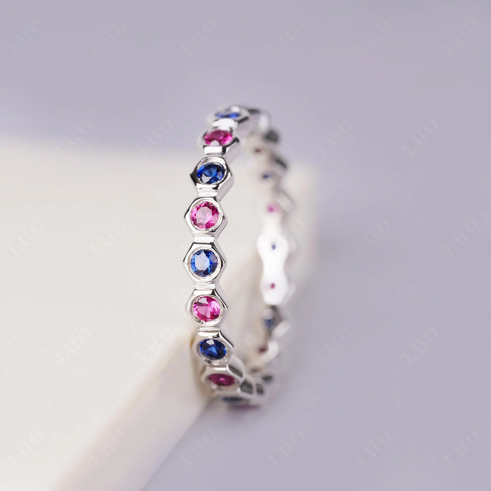 Ruby and Sapphire Hexagon Band Ring - Image 2