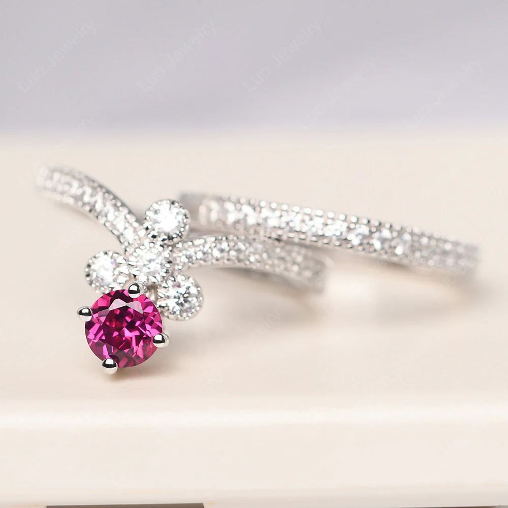Ruby Milgrain Bridal Ring Set