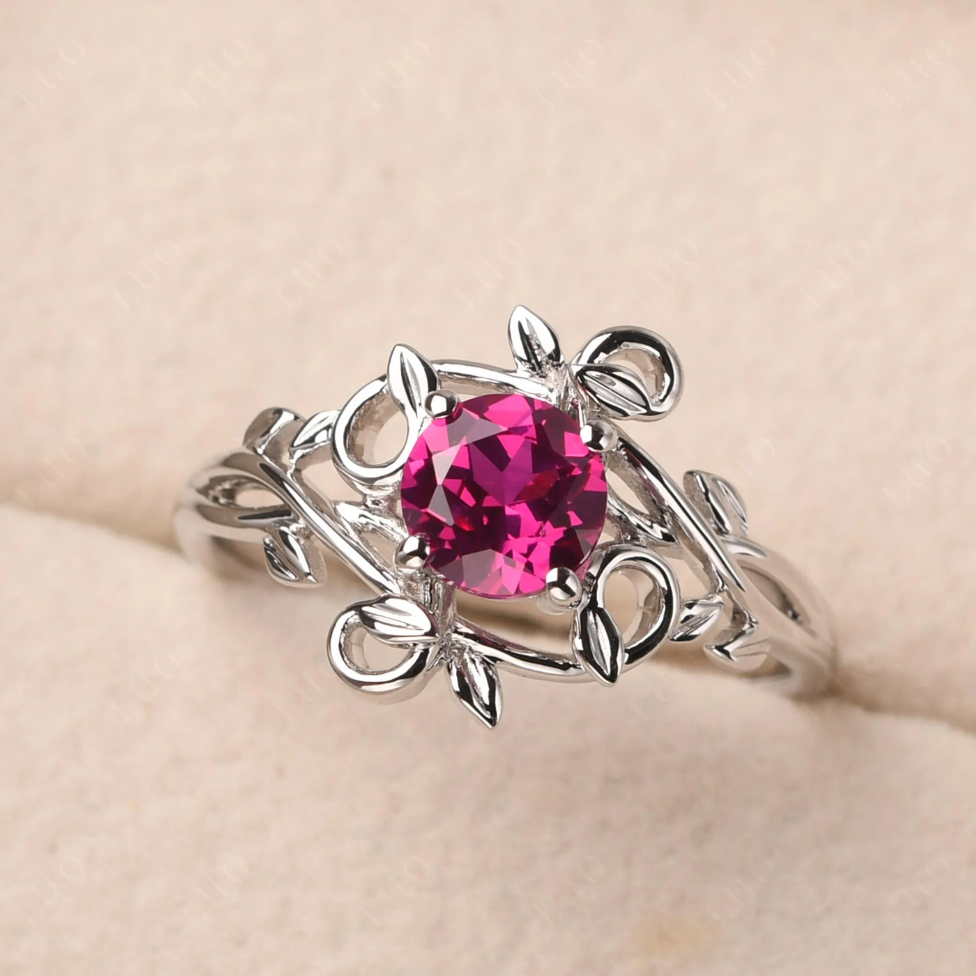 Round Cut Ruby Leaf Ring - Image 10