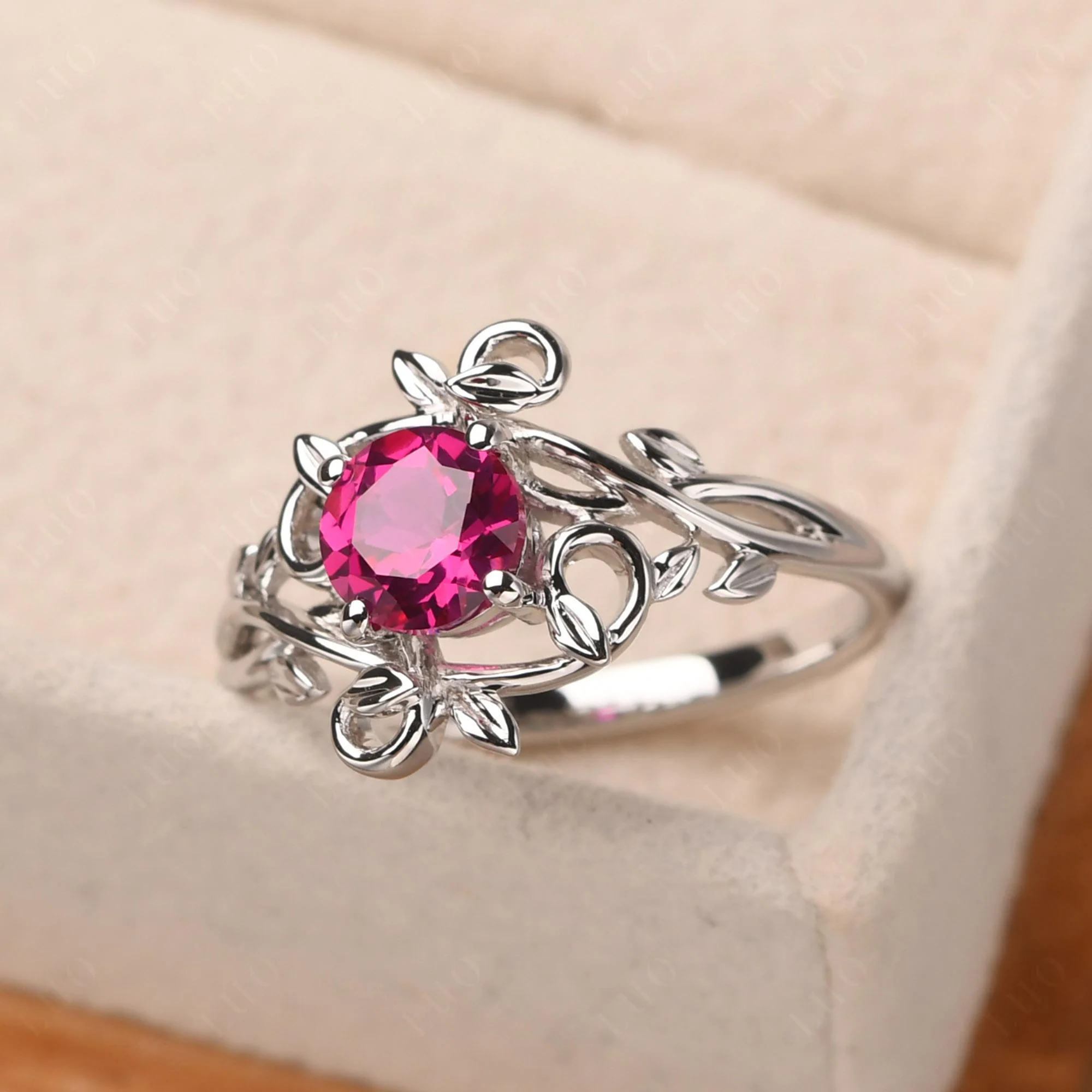 Round Cut Ruby Leaf Ring - Image 11
