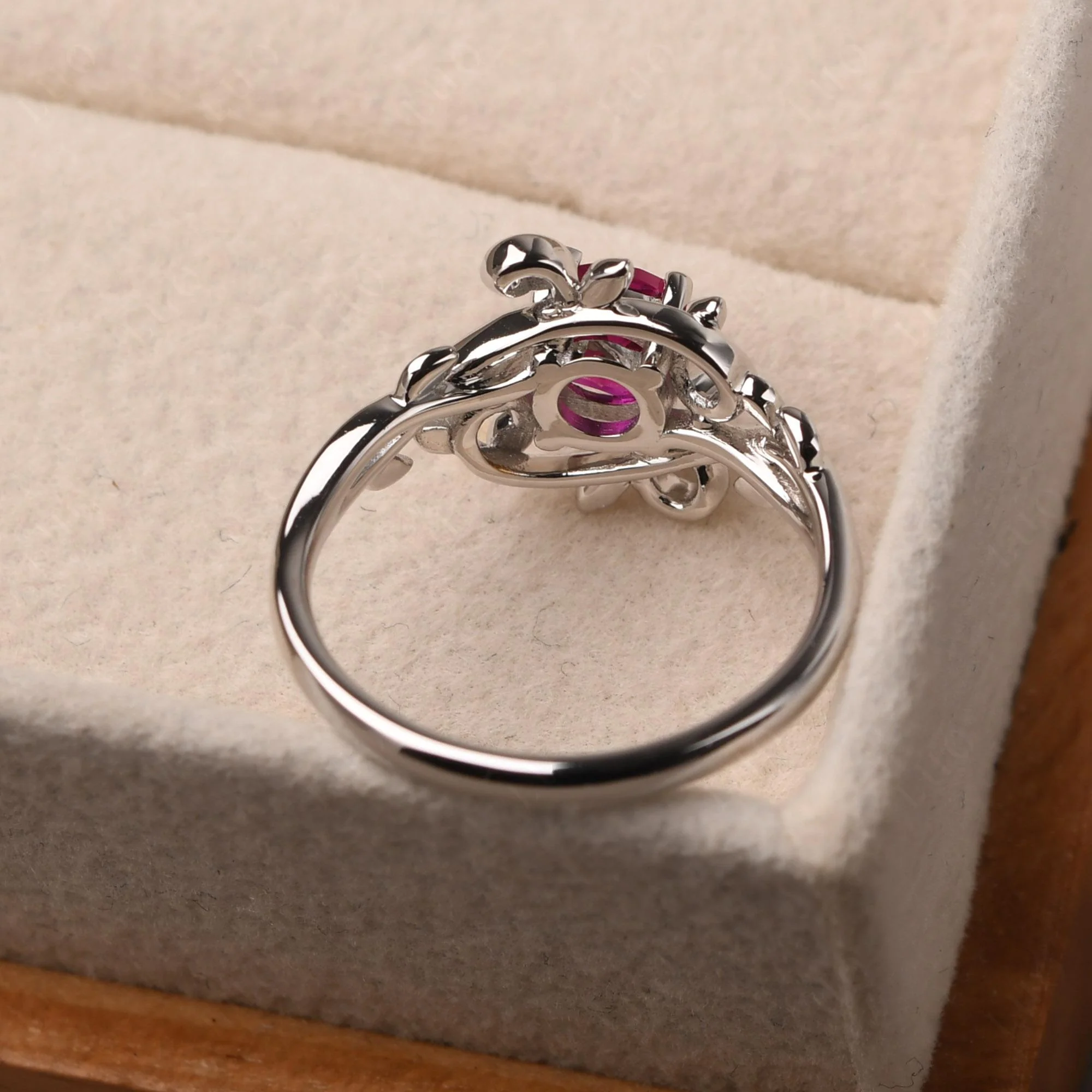 Round Cut Ruby Leaf Ring - Image 12