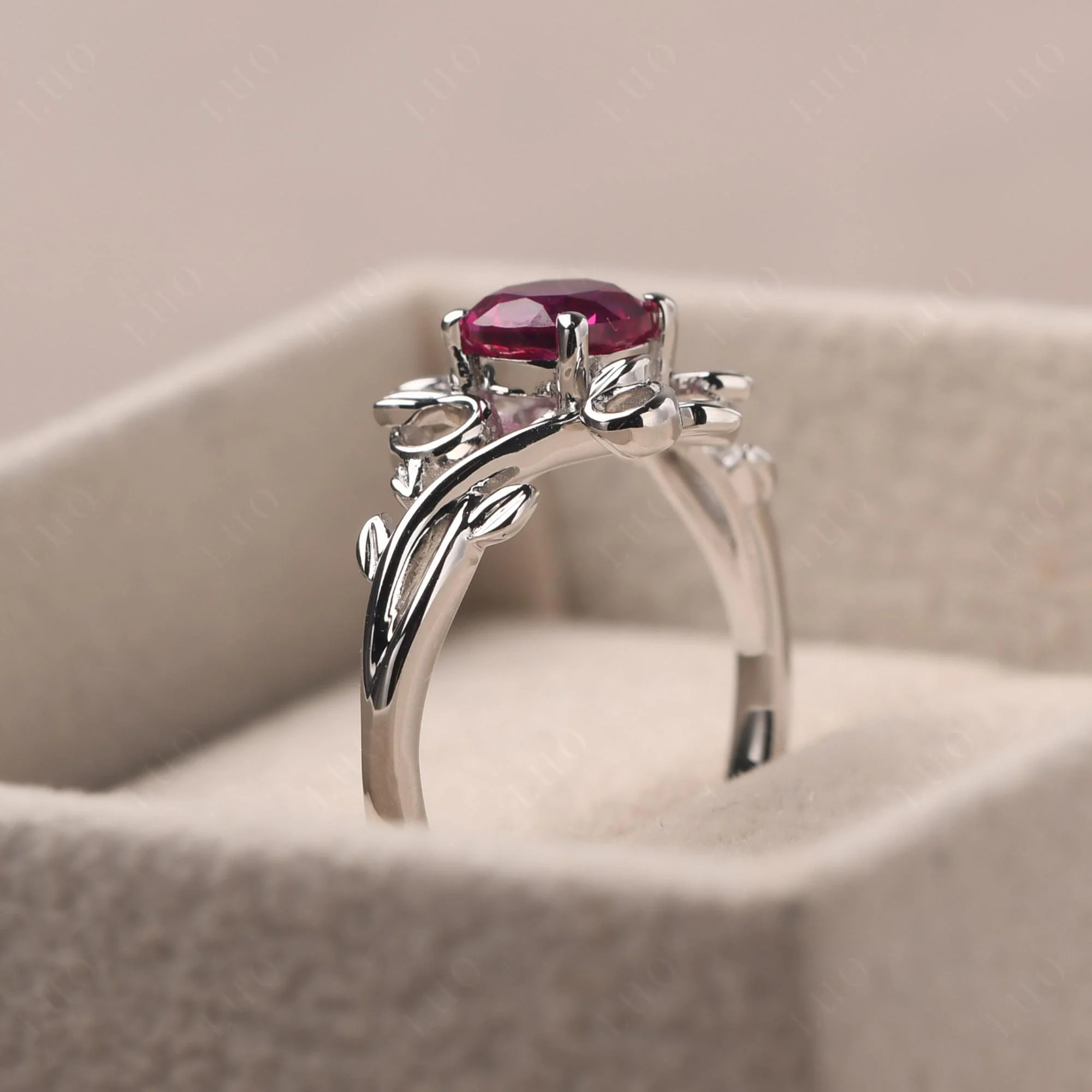 Round Cut Ruby Leaf Ring - Image 13