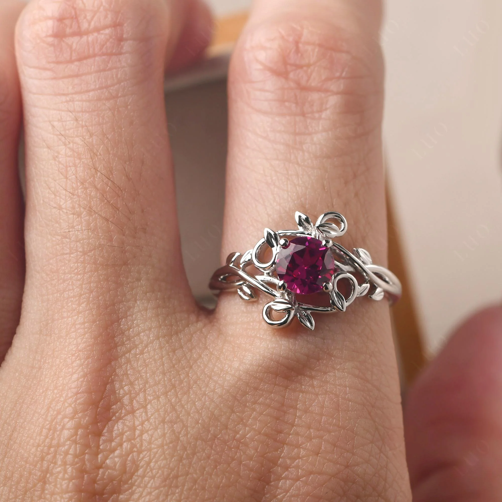 Round Cut Ruby Leaf Ring - Image 14