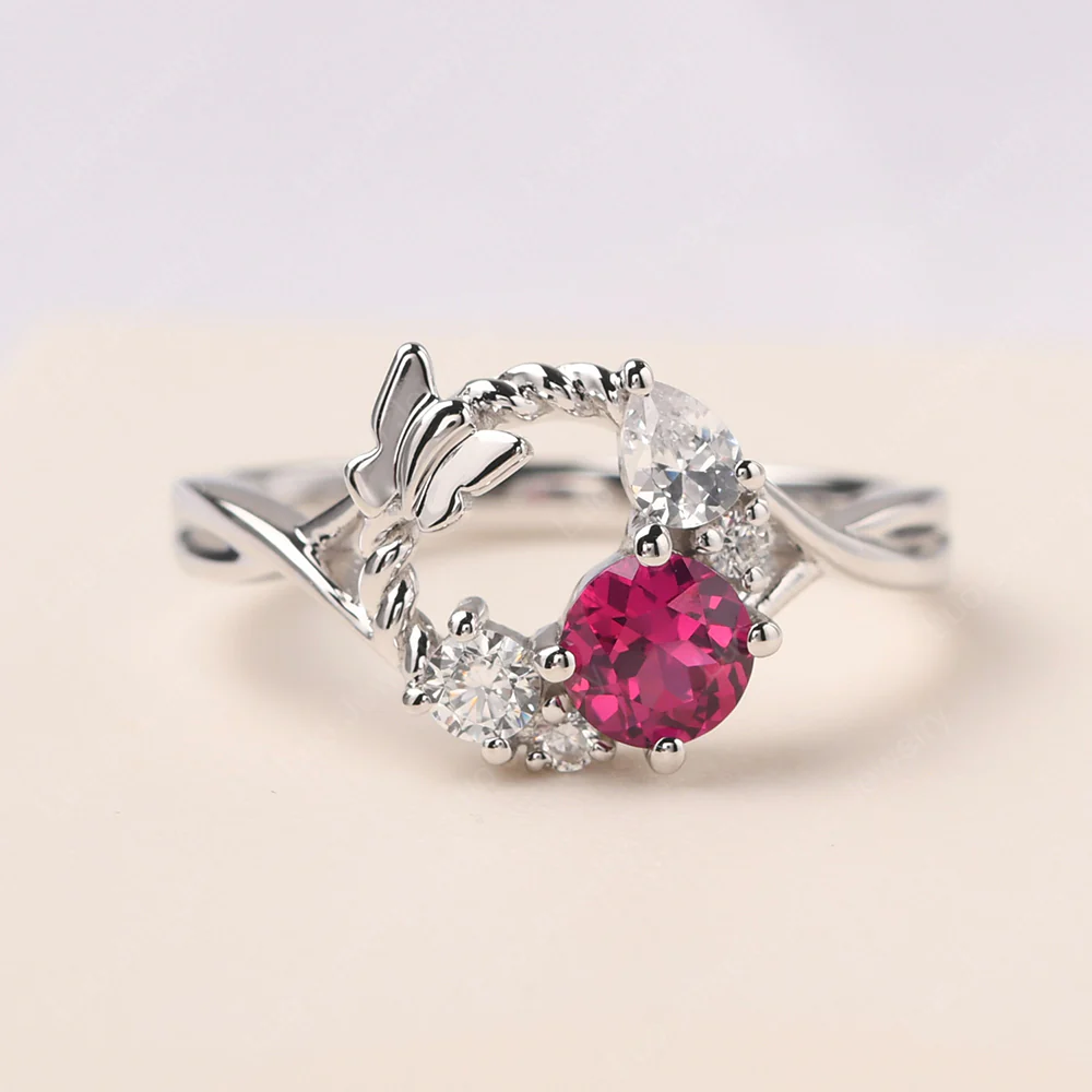 Vine and Butterfly Ring with Ruby
