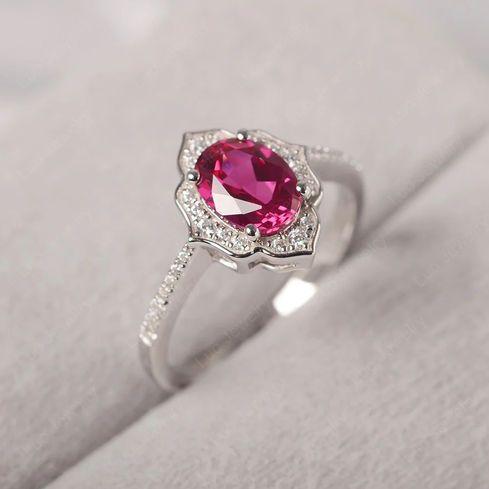 Oval Ruby Floral Halo Engagement Ring - Image 3