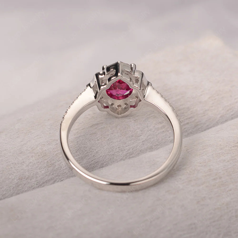 Oval Ruby Floral Halo Engagement Ring - Image 4