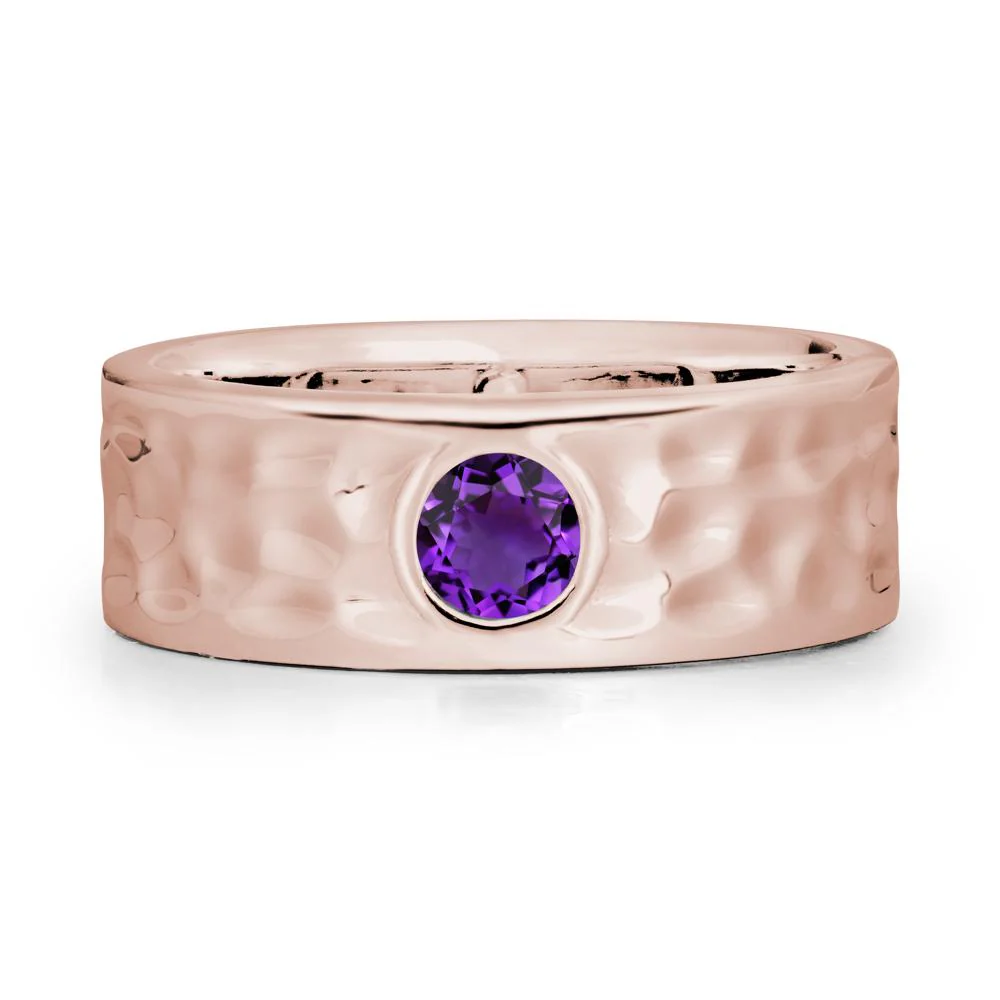 Rustic Hammered Wide Band Amethyst Ring