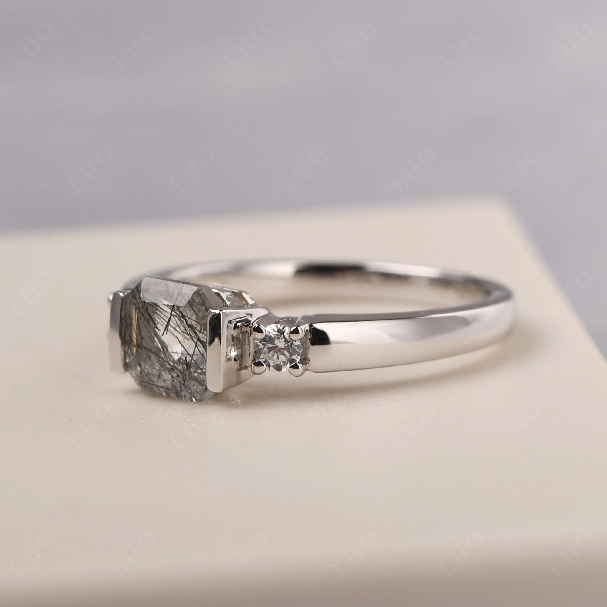 Black Rutilated Quartz Half Bezel Set Asscher Cut Ring - Image 11