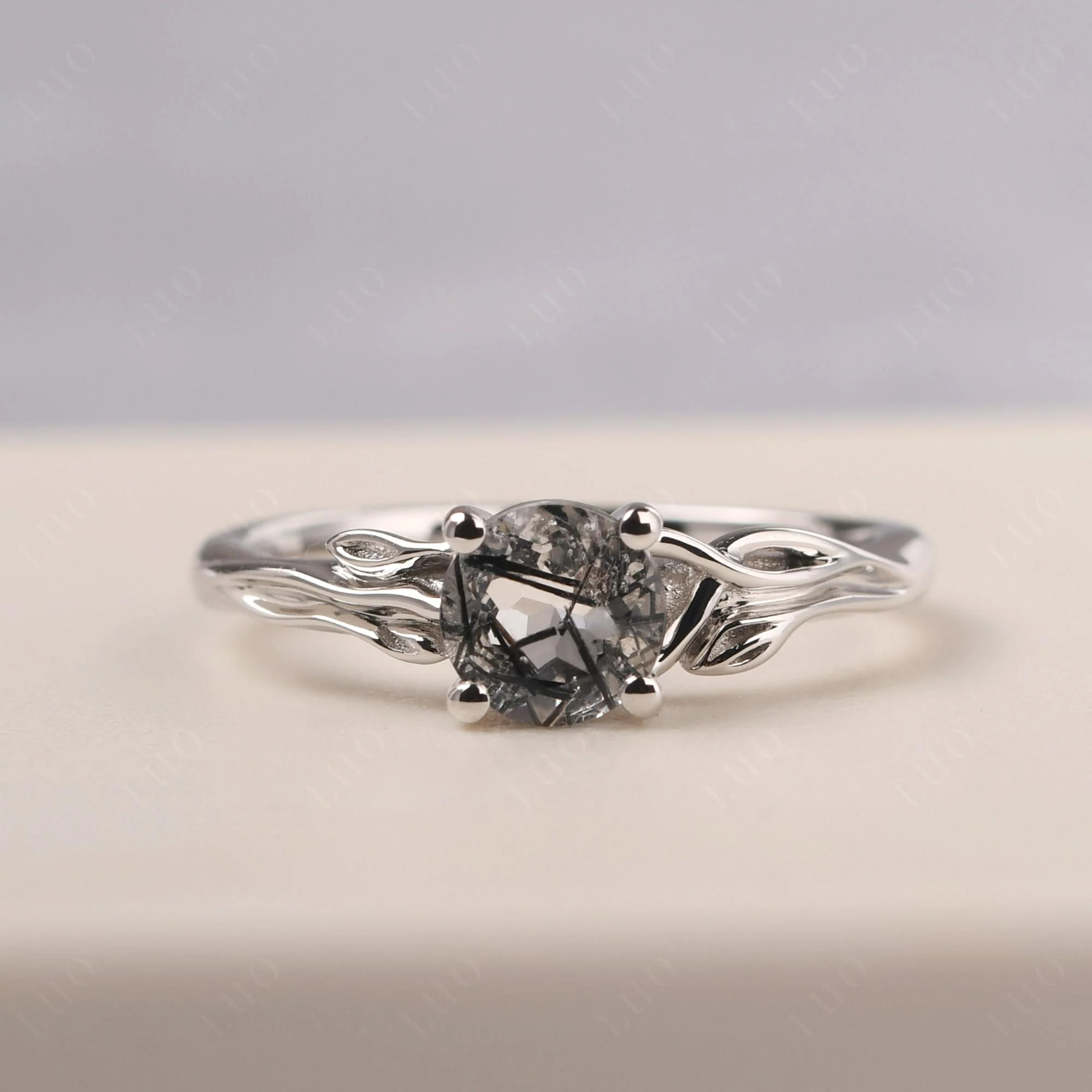 Petite Black Rutilated Quartz Leaf Ring - Image 10