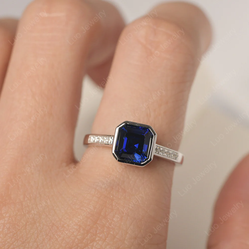 Sapphire Bezel Set Asscher Cut Ring - Image 4