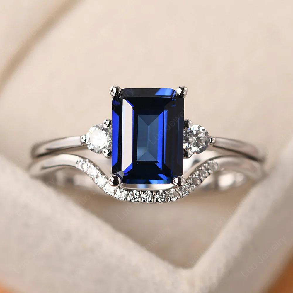 Sapphire Emerald Cut Ring with Band