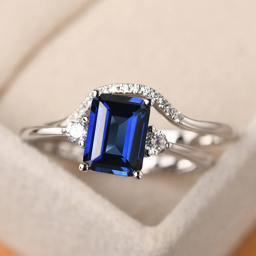 Sapphire Emerald Cut Ring with Band - Image 2