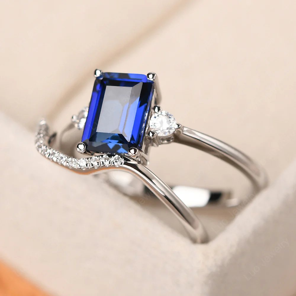 Sapphire Emerald Cut Ring with Band - Image 3