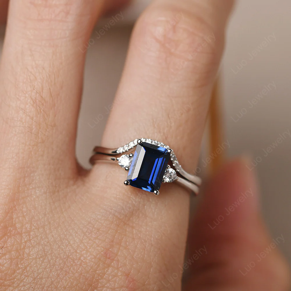 Sapphire Emerald Cut Ring with Band - Image 6