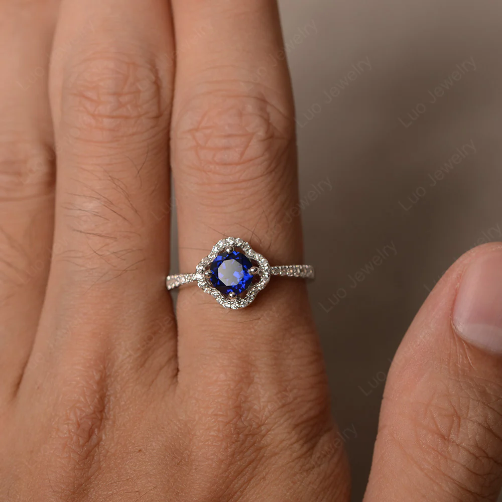 Sapphire Halo Flower Engagement Ring - Image 3