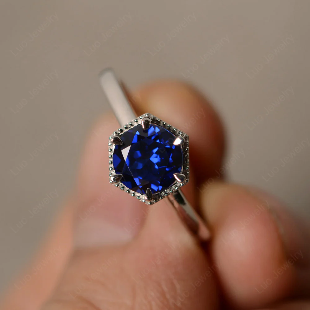 Sapphire Hexagon Set Solitaire Ring