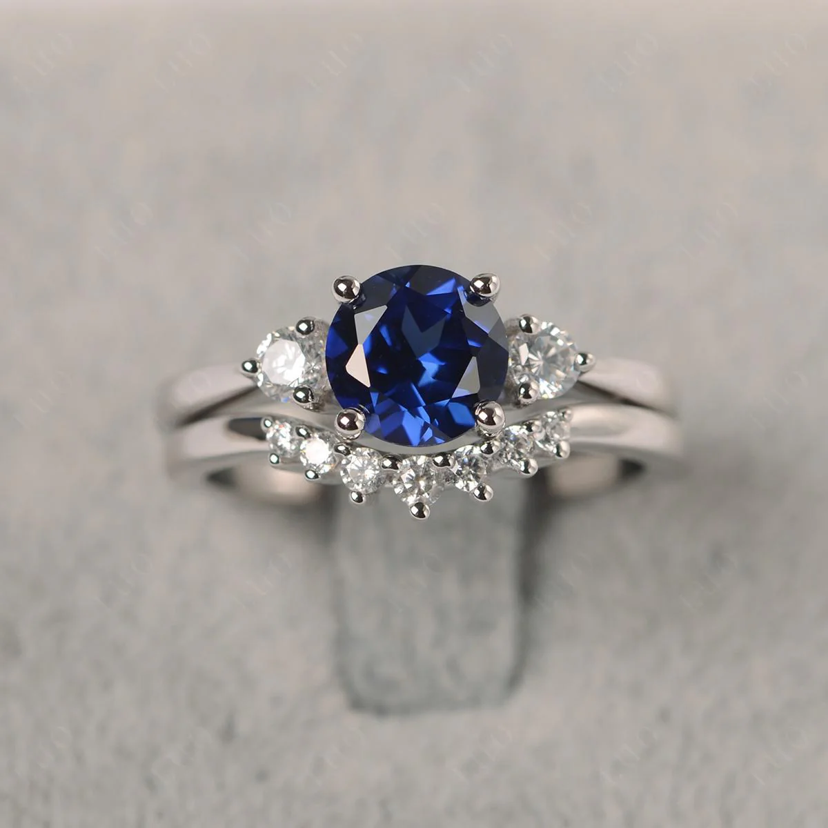 Round Sapphire Wedding Ring Set - Image 11