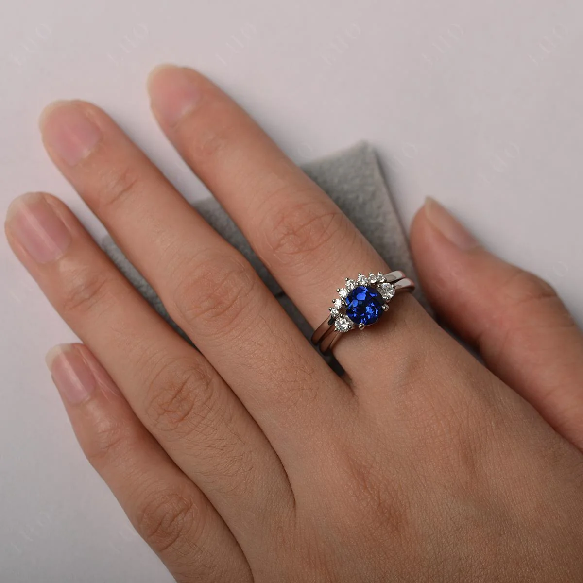 Round Sapphire Wedding Ring Set - Image 12