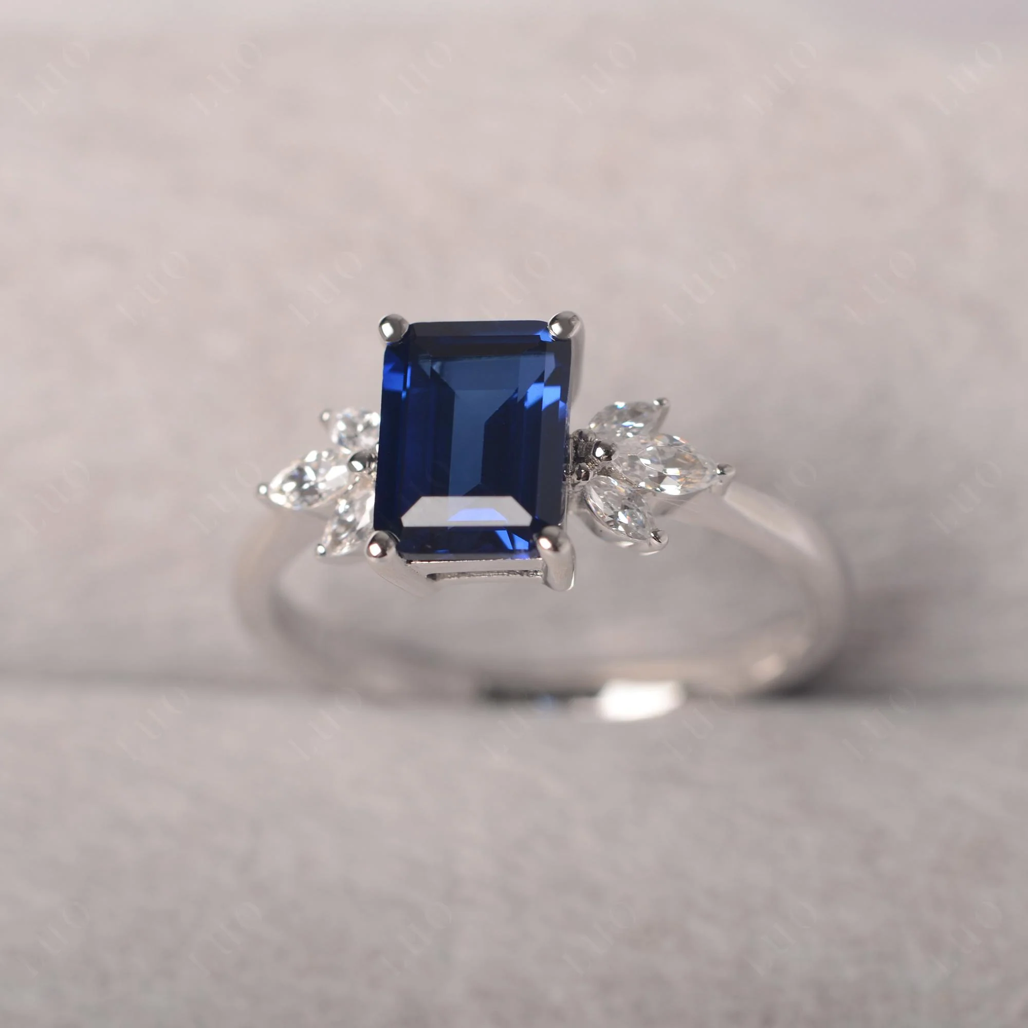 Sunburst Emerald Cut Sapphire Ring - Image 11