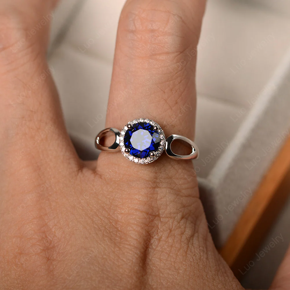 Sapphire Halo Engagement Ring Split Shank - Image 4