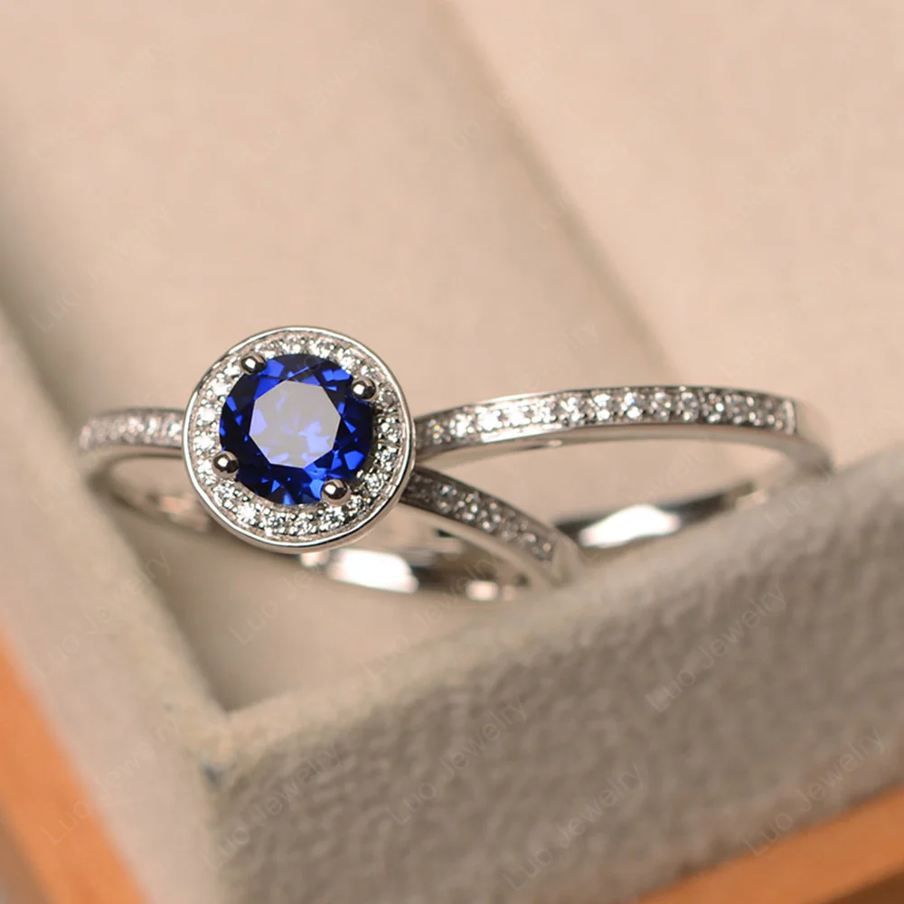 Round Cut Sapphire Halo Bridal Set Ring