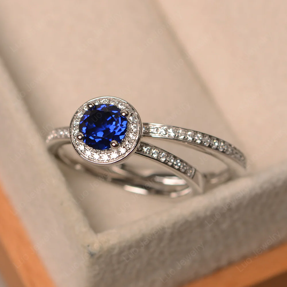 Round Cut Sapphire Halo Bridal Set Ring - Image 2