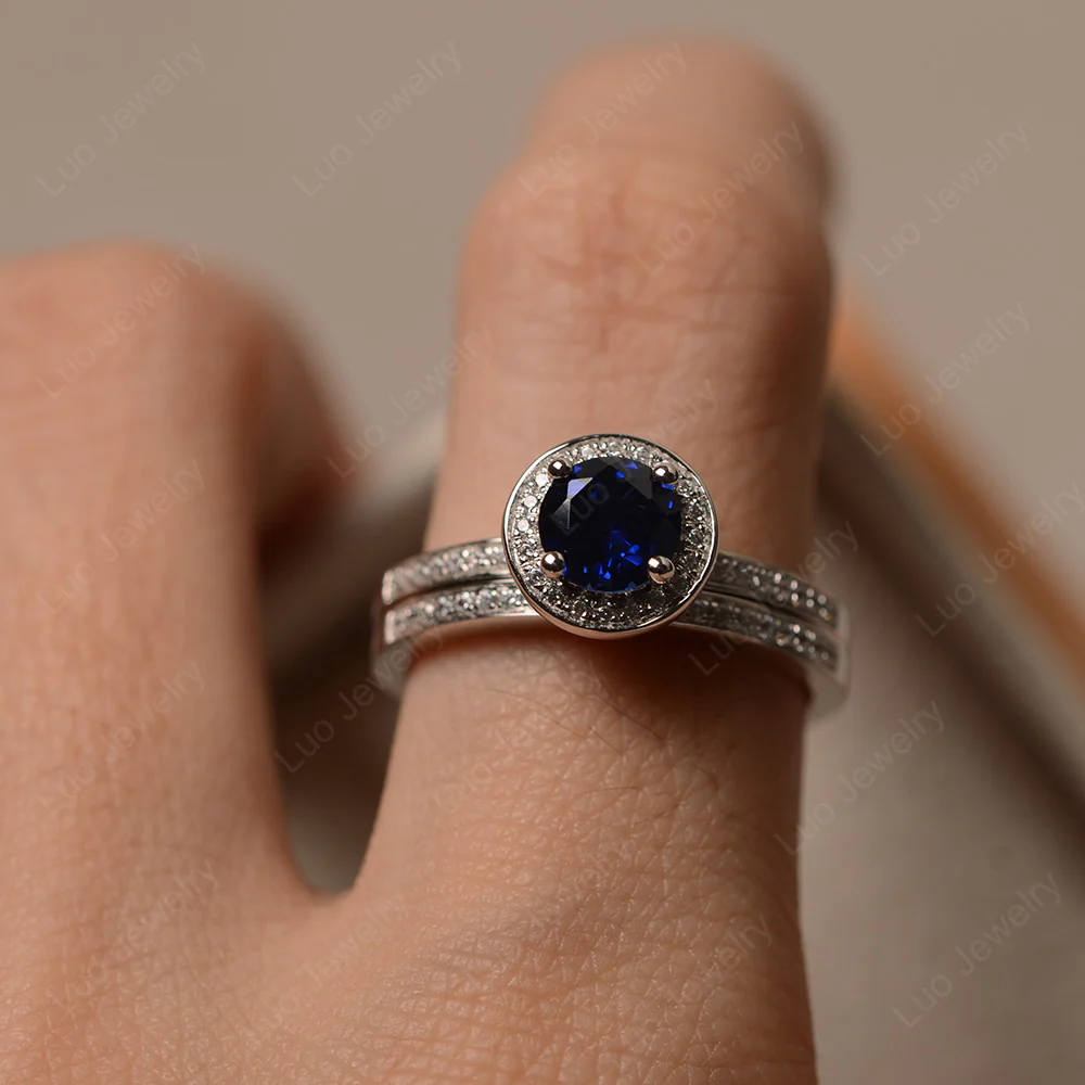 Round Cut Sapphire Halo Bridal Set Ring - Image 4