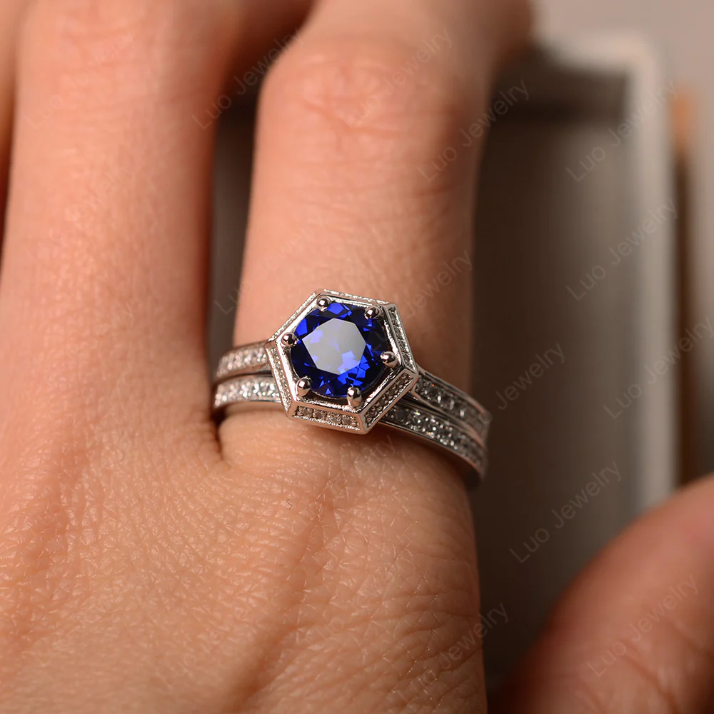 Sapphire 6 Prong Wedding Ring Set - Image 5