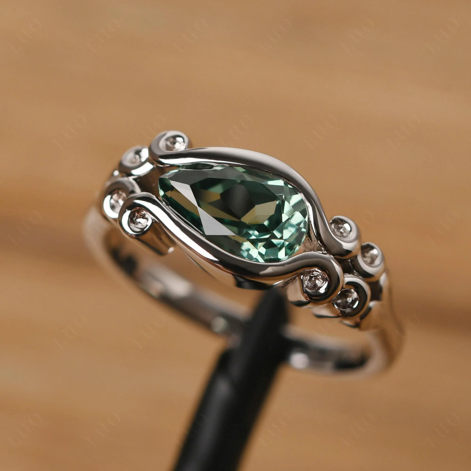 Pear Shaped Green Sapphire Scroll Ring - Image 10