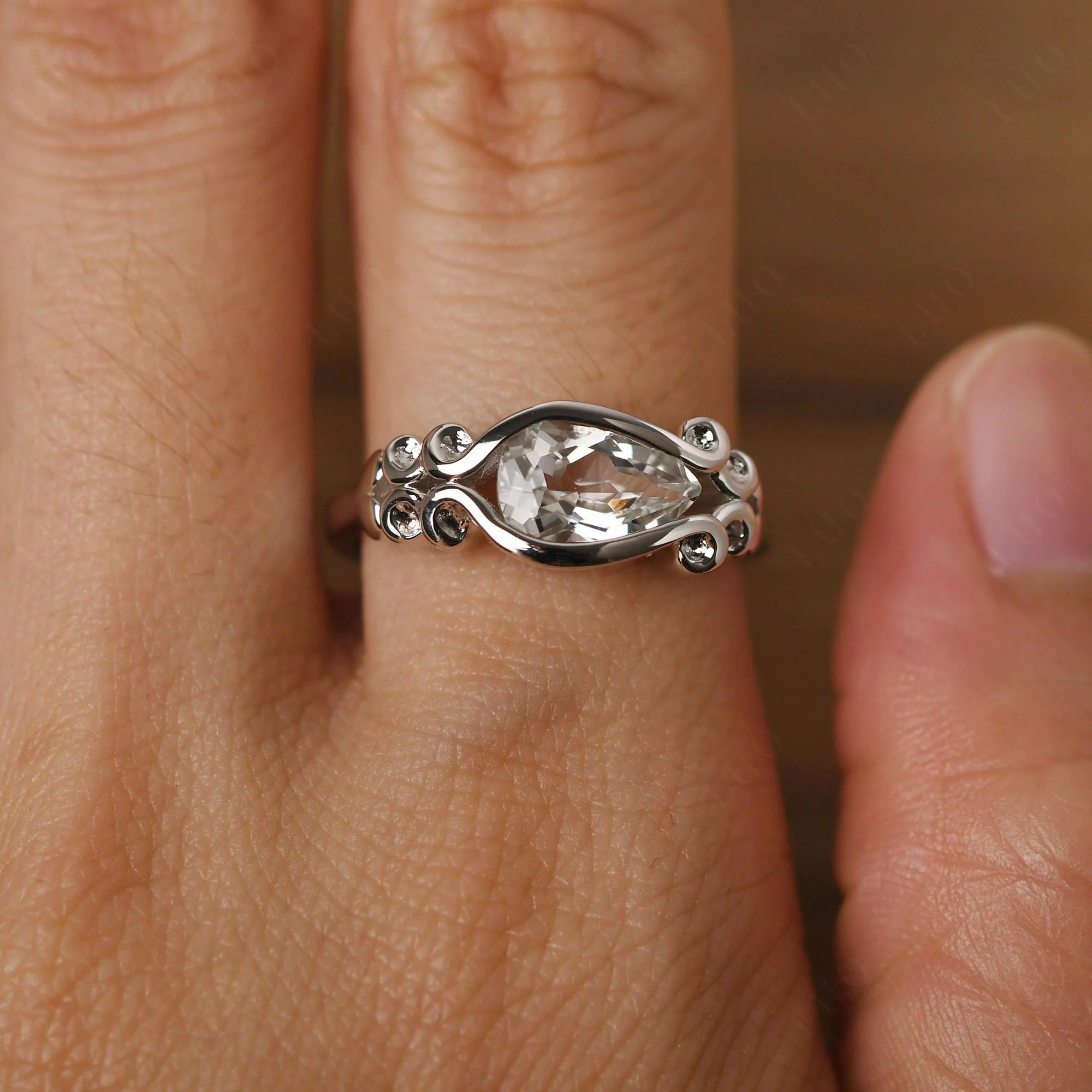 Pear Shaped White Topaz Scroll Ring - Image 14
