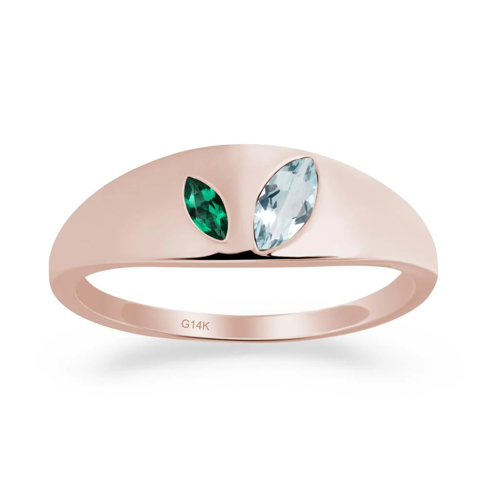 Simple Marquise Aquamarine and Emerald Toi Et Moi Ring - Image 2