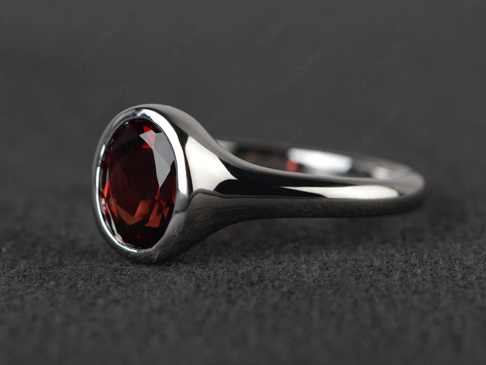 Simple Oval Bezel Set Garnet Ring - Image 2