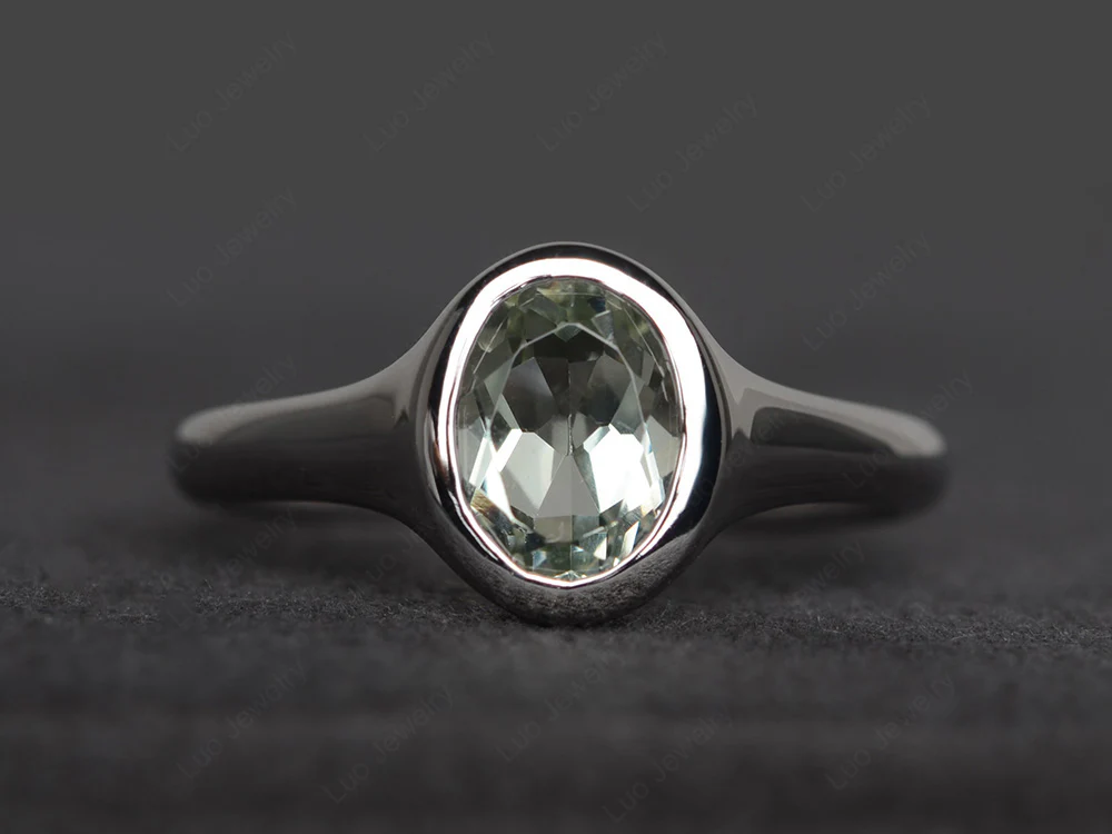 Simple Oval Bezel Set Green Amethyst Ring