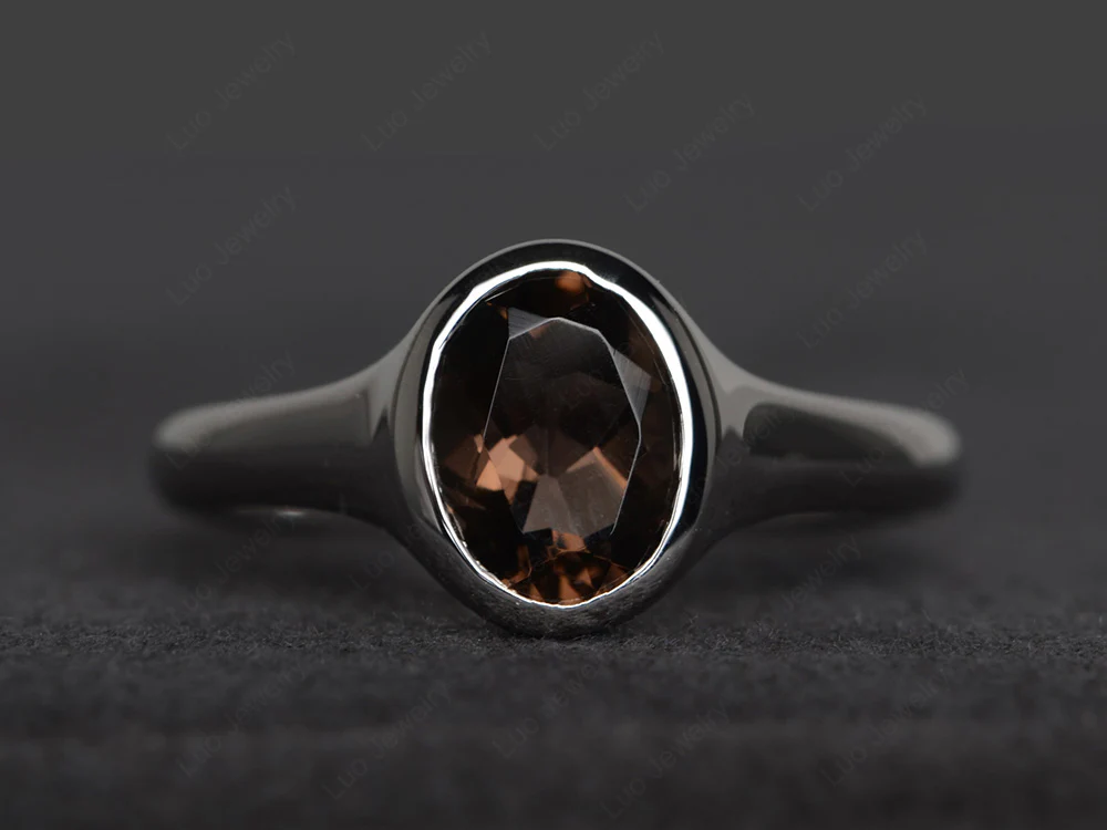 Simple Oval Bezel Set Smoky Quartz Ring