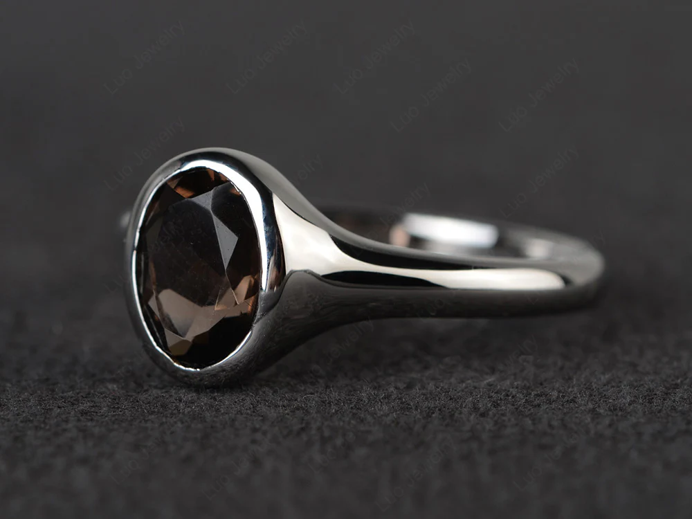 Simple Oval Bezel Set Smoky Quartz Ring - Image 2