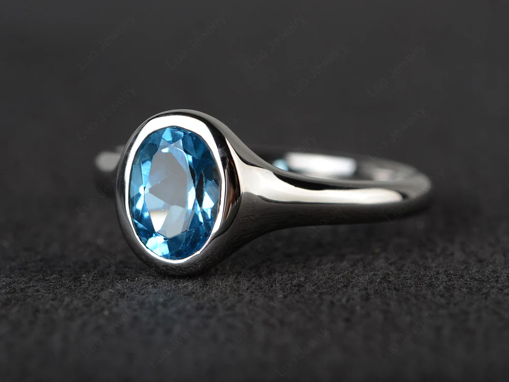 Simple Oval Bezel Set Swiss Blue Topaz Ring - Image 2