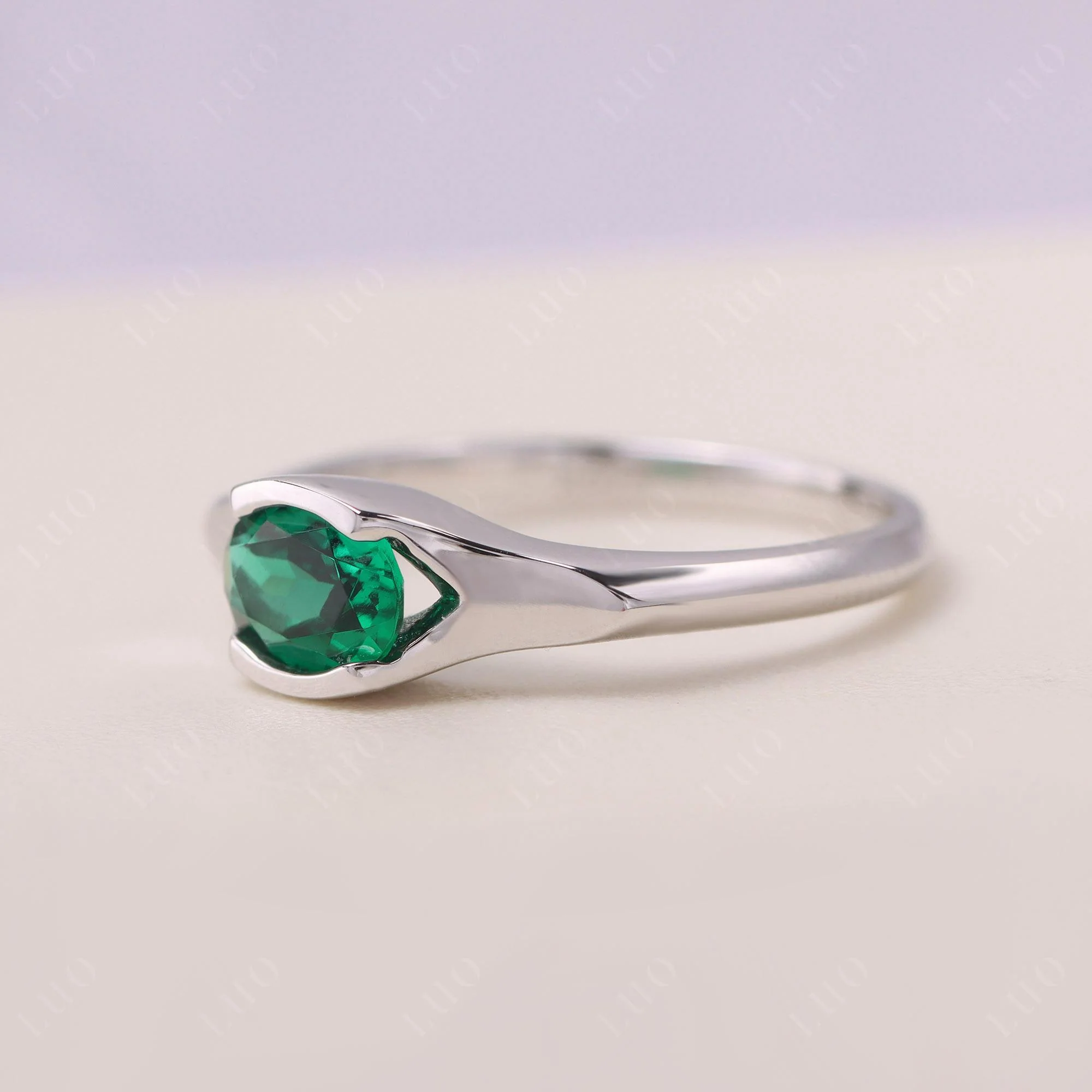 Oval Emerald East West Bezel Set Ring - Image 11
