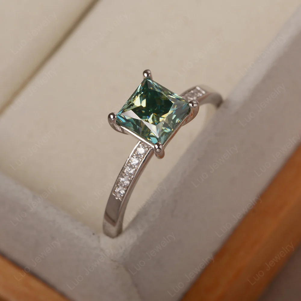 Simple Princess Cut Green Moissanite Ring - Image 5