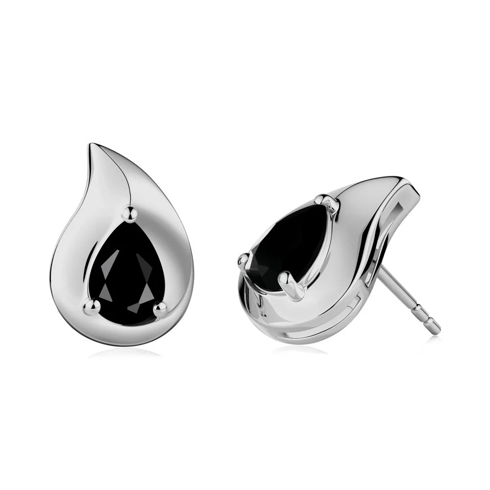 Simple Teardrop Stud Black Spinel Earrings - Image 2