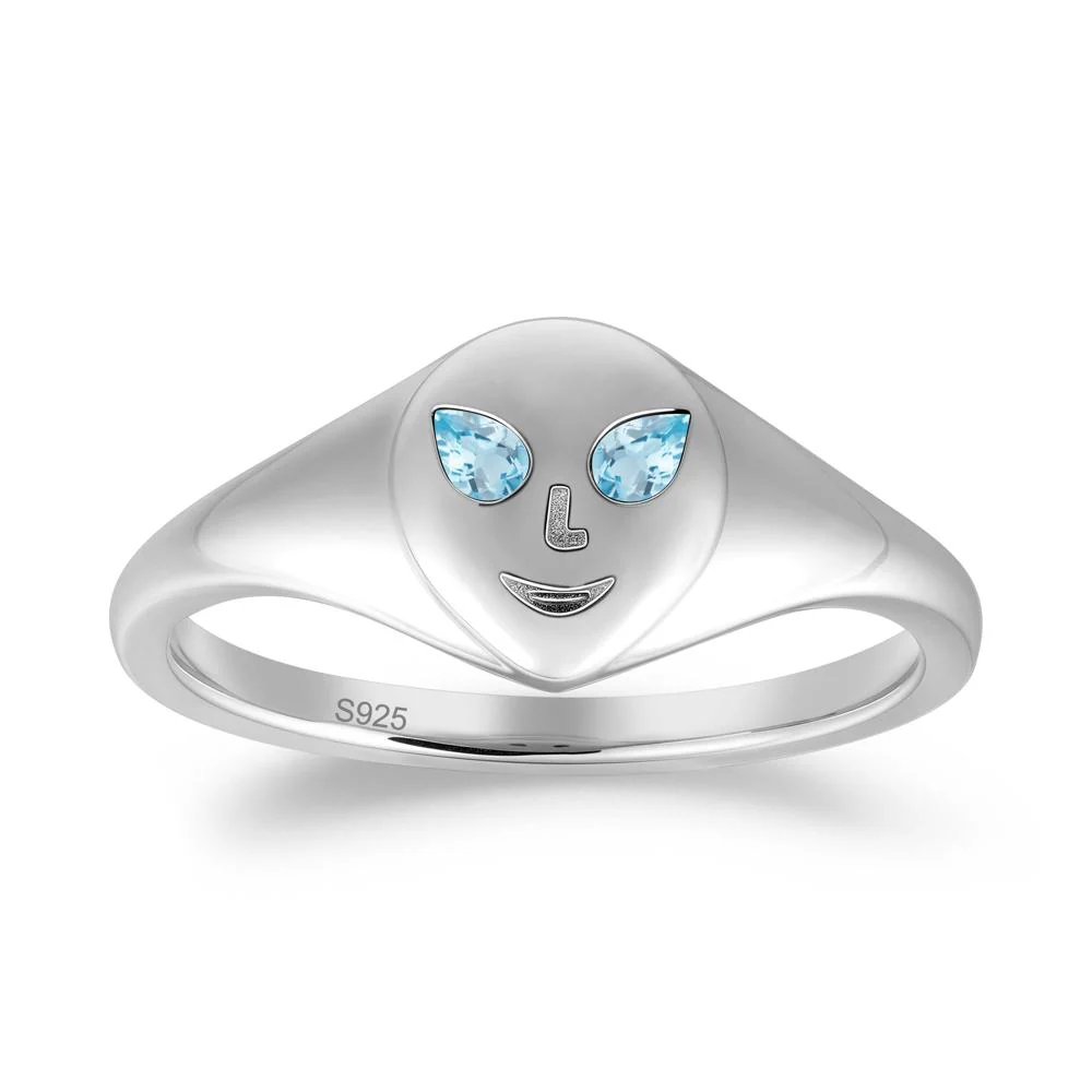 Smile Emoji Signet Swiss Blue Topaz Ring
