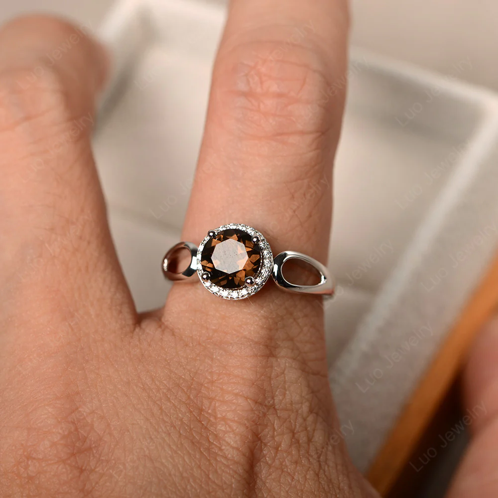 Smoky Quartz Halo Engagement Ring Split Shank - Image 4