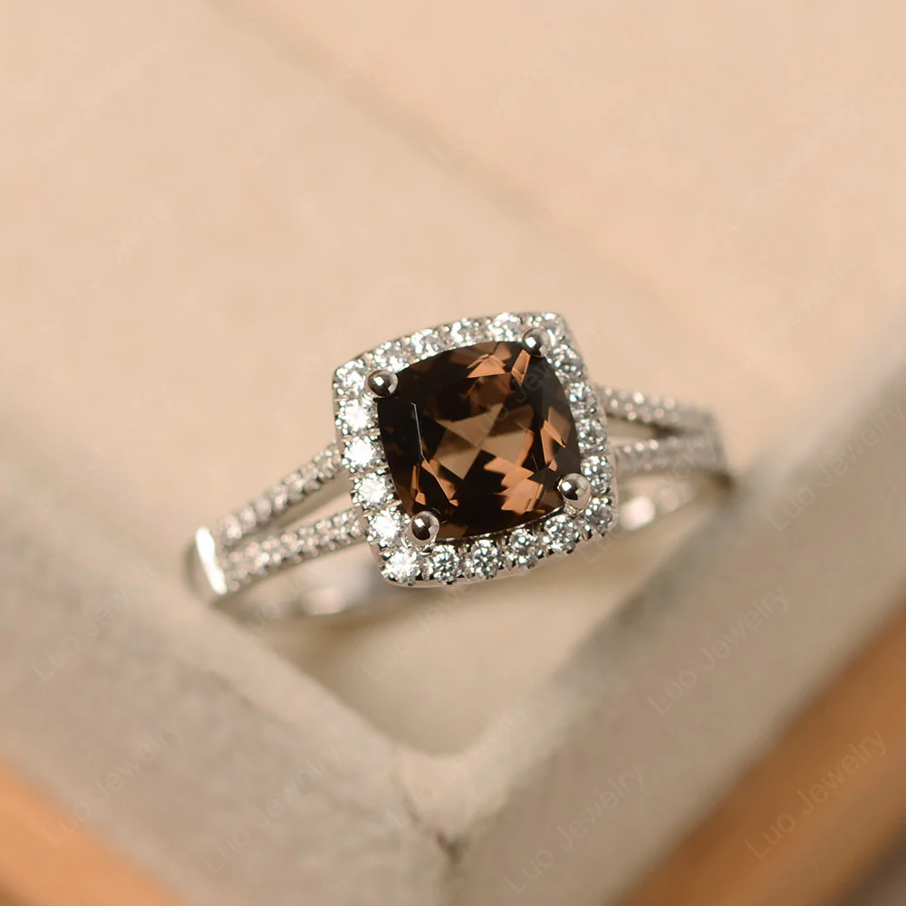 Smoky Quartz Cushion Cut Split Shank Halo Ring