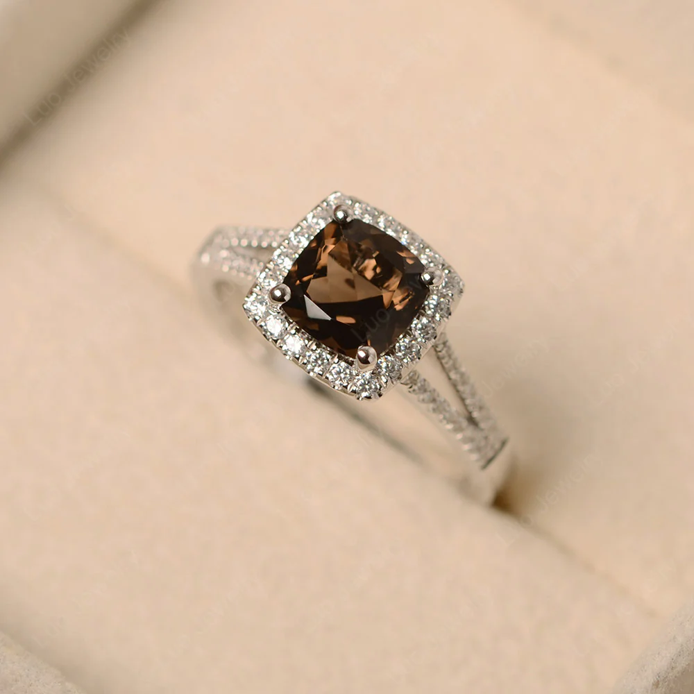 Smoky Quartz Cushion Cut Split Shank Halo Ring - Image 2