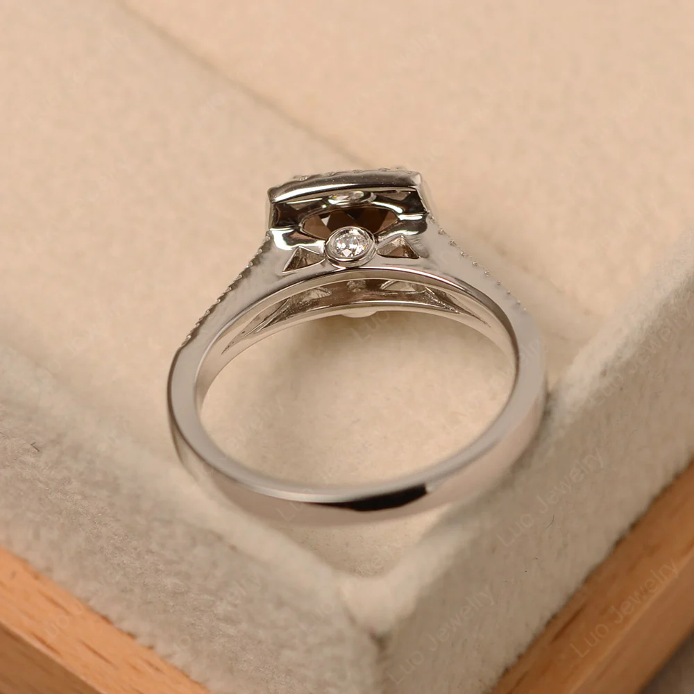 Smoky Quartz Cushion Cut Split Shank Halo Ring - Image 3