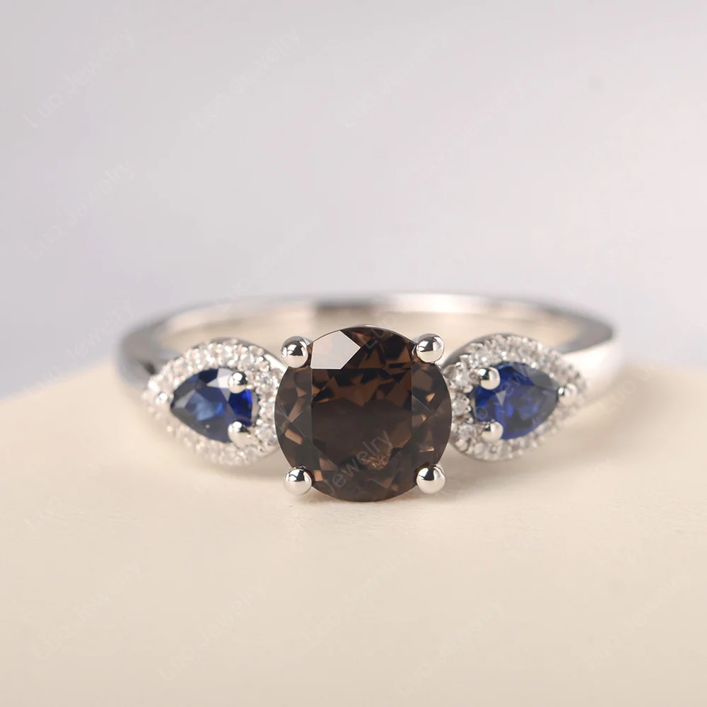 Euro Shank Smoky Quartz and Sapphire Ring